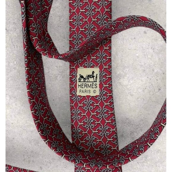 HERMÈS 7840 UA Silk Tie FRANCE Red Gray Chain W:3.6" EUC - Picture 4 of 6